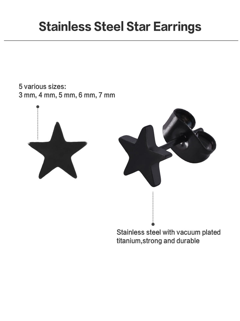 [Australia] - 5 Pairs Stainless Steel Stud Earrings Black Earrings Star Ear Stud Set for Men and Women, 3 mm to 7 mm, 18 Gauge 