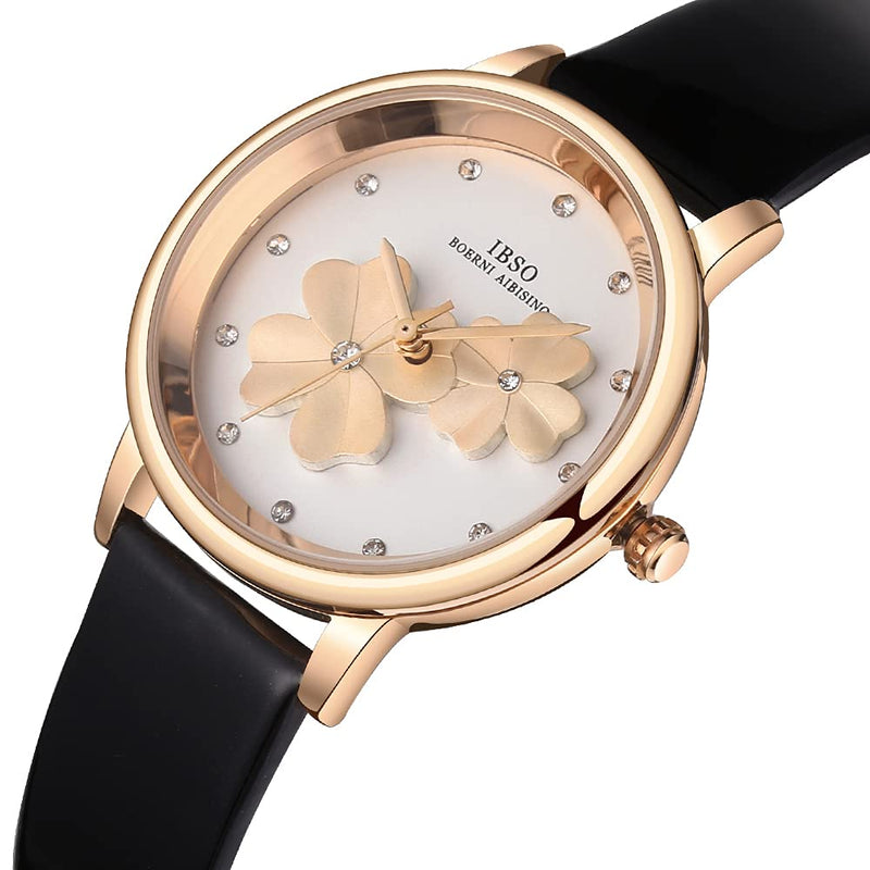 [Australia] - IBSO Watches for Women 4 Leaf Clover with 3D Design Dial Elegant Waterproof Quartz Wristwatch Montre Femme a Nice Gift 8806L Black 