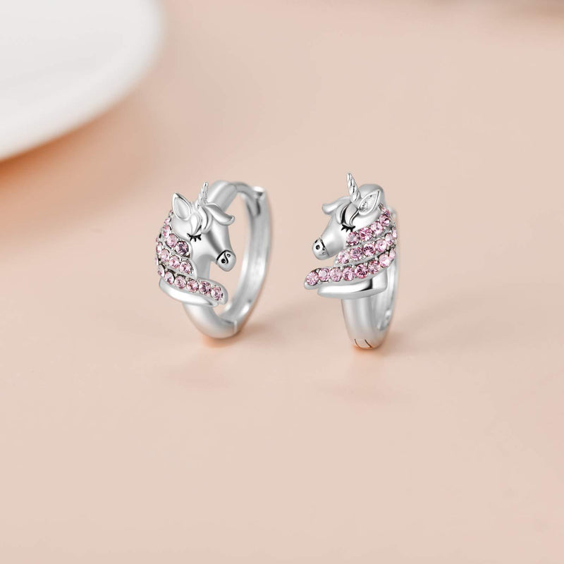 [Australia] - Sterling Silver Unicorn Hoop Earrings with Pink Crystals, Unicorn Jewellery Birthday Gifts for Girls Women Daughter 