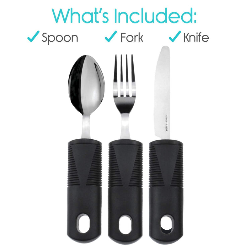 [Australia] - Vive Adaptive Utensil Set - Arthritis Aid Silverware for Parkinsons, Hand Tremors - Easy Grip for Shaking and Trembling Hands - Heavy Stainless Steel Spoon, Fork, Serrated Knife - Non Weighted Holder 