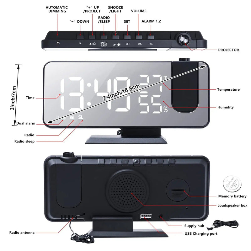 [Australia] - Projection Digital Alarm Clock for Bedrooms, Radio Alarm Clock on Ceiling, USB Charger Port, Temperature & Humidity Display, 7.3” Large Mirror LED Display,12/24H,Snooze,Dual Loud Alarm Clock- 4 Dimmer Black 