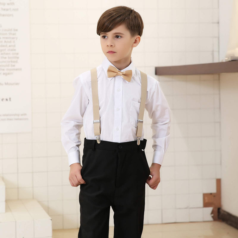 [Australia] - Kids Suspender Bowtie Necktie Sets - Adjustable Elastic Classic Accessory Sets for 6 Months to 13 Year Old Boys & Girls Khaki + Champagne 26 Inches (Fit 6 Months to 6Years) 