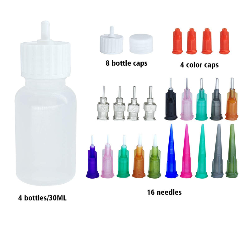 [Australia] - XMASIR Multi Purpose Precision Applicator Set 4 pcs 1 Oz Henna Bottle with 8 Caps 16 pcs Needle Tips Sizes,Use For Henna Tattoo Paste 