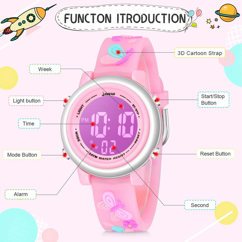 [Australia] - Jianxiang Kids Digital Sport Watches for Girls Boys, Waterproof Outdoor LED Timer with 7 Colors Backlight 3D Cartoon Silicone Band Child Wristwatch A-Butterfly Pink 