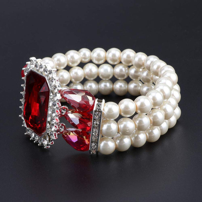 [Australia] - Women's 3 Layer Simulated Large Pearl Crystal Statement Necklace Bangle Earrings Strand Costume Jewelry Set with Gifts Boxes Red 