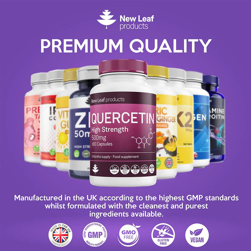 [Australia] - Quercetin 500mg High Strength Antioxidant Supplements (6 Months Supply) 180 Vegan Pure Quercetin Capsules Easy to Swallow - One A Day - Gluten Free & Non-GMO, Made in UK by New Leaf 