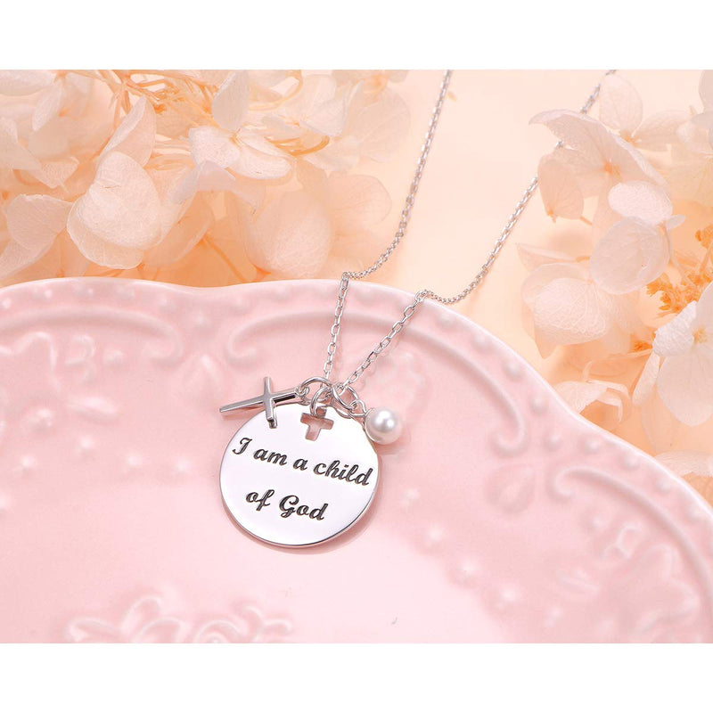 [Australia] - Religious Jewelry 925 Sterling Silver" I Am a Child of God" Laser Engraved Round Plate Necklace with Cross Charm, 18 + 2 inches 