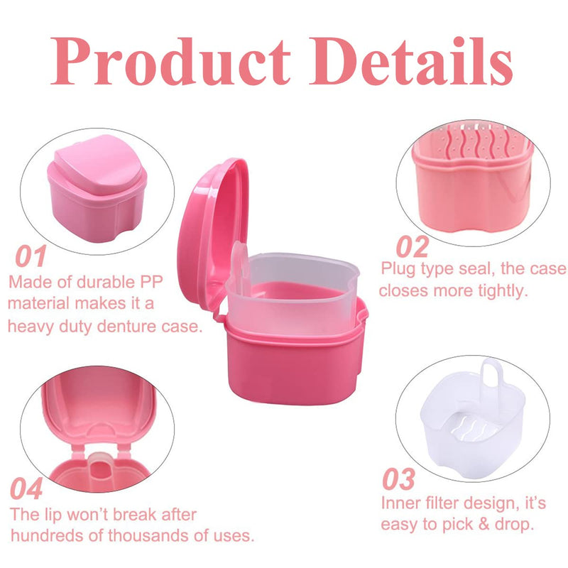[Australia] - Denture Bath Case Portable Orthodontic Dental Retainer Box False Teeth Storage Container for Denture, Invisalign, Braces, Mouth Guard Travel Cleaning Retainer (Pink) Pink 