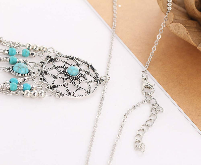 [Australia] - CrazyPiercing Retro Silver Tone Chain Necklace, Vintage Dream Catcher Turquoise Feather Pendant Long Chain Necklace Jewelry for Women Girls 