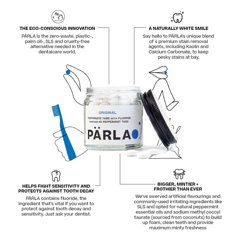 [Australia] - PÄRLA Original Toothpaste Tablets with Fluoride | 62 Tabs, 1 Month Supply | Eco-Friendly Bites in Sustainable Packaging | Peppermint Flavour | Natural Whitening, Gluten Free & Vegan | Refillable Jar 62 Count (Pack of 1) 