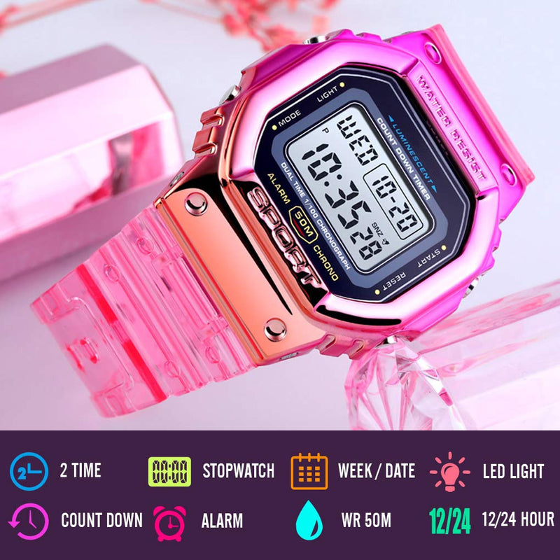 [Australia] - VIGOROSO Men Women Colorful Digital Sport LED Quartz 5ATM Waterproof Wrist Watches Pink 