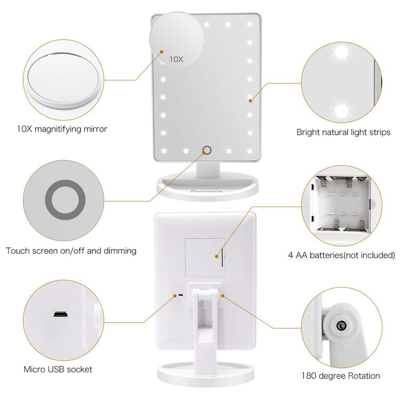 [Australia] - Vanity Lighted Makeup Mirror with 21 Led Lights Dual Power Supply, Cosmetic Desk Table Makeup Mirror with Detachable 10X Magnification, Touch Screen Light Adjustable Dimmable 180° Rotation(White) White 2 
