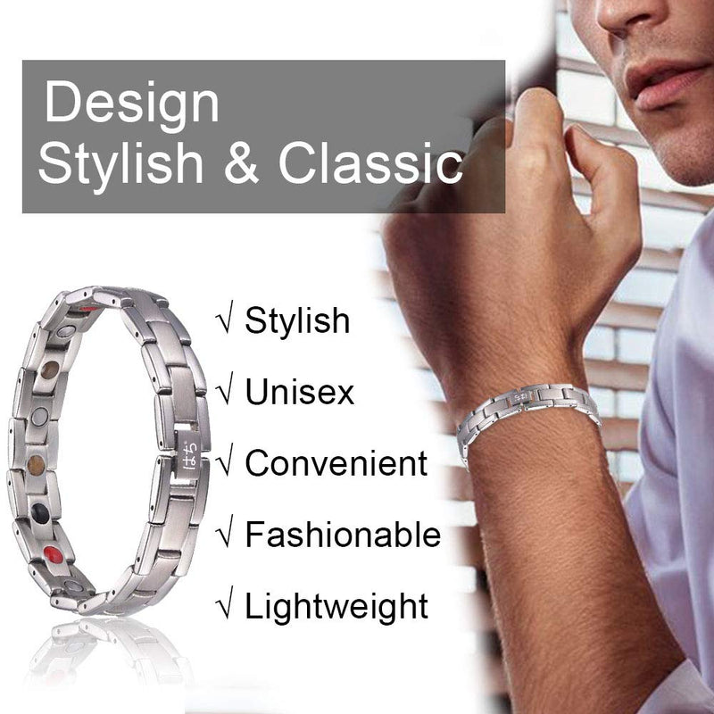 [Australia] - HAQIはち Magnetic Bracelet for Men and Women 5 Element Wristband, Titanium Strong Magnets 3500Gauss Bracelet with Adjustment Tool and Gift Box (Silver) Silver 