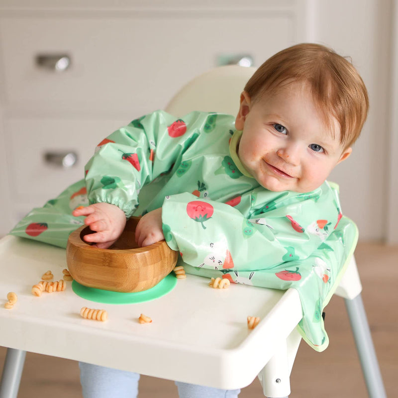 [Australia] - Bibetta Wipeezee XL Coverall Weaning Bib - Baby Bib with Sleeves - Wipe Clean Coverall Bib for Baby and Highchair Baby Led Weaning Unisex for Babies and Toddlers 6 Months +… Green - Bunny & Veg 