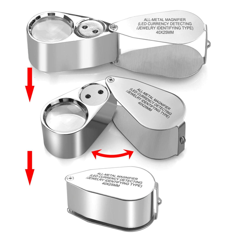 [Australia] - Leffis 40X Jewelers Loupe Magnifier Magnifying Glasses, LED/UV Illuminated Jewelry Loop Pocket Folding Magnifying Glass with Metal Construction for Close Work, Gardening, Kids, Stamp, Rock Collecting 