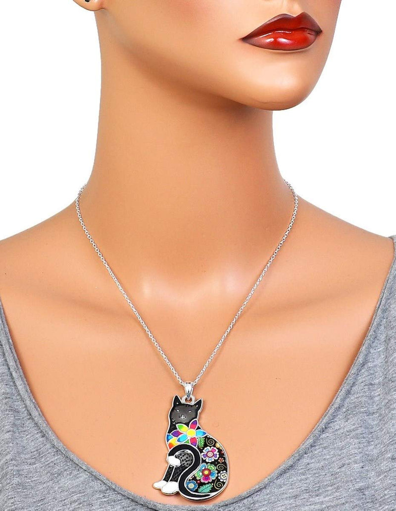 [Australia] - DianaL Boutique Black Kitty Cat Pendant Necklace Flower Accent with Gift Box 
