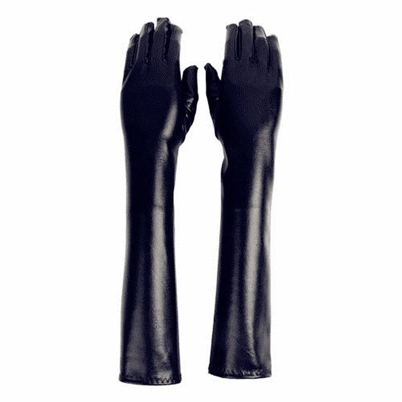 [Australia] - DreamHigh Women's 17" Long Metalic Satin Cosplay Finger Gloves Black 