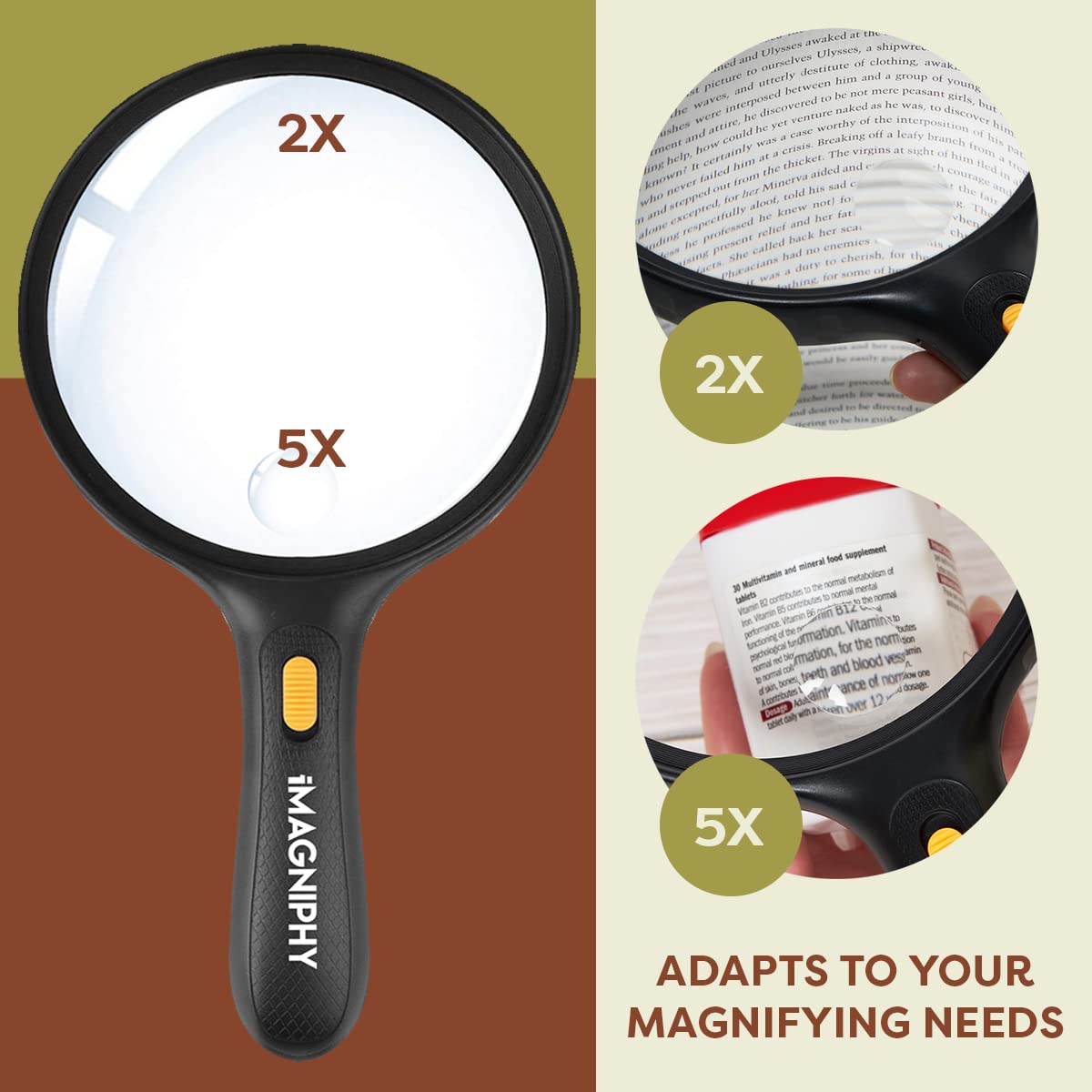 Imagniphy Large Magnifying Glass with Light - 5.5-Inch Lens Magnifier 2x & 5X Magnification for Seniors with Macular Degeneration - Lighted