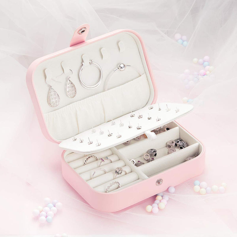 [Australia] - Jewelry Box- Small Portable Travel Jewelry Case Women PU Leather 2 Layer Jewelry Storage Organizer Holder for Necklace Earring Rings, Pink 