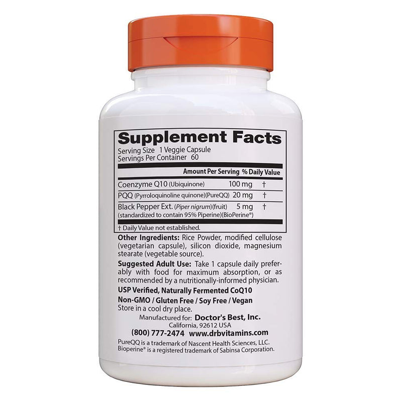 [Australia] - Doctor's Best High Absorption CoQ10 Plus PQQ, Gluten Free, Naturally Fermented, Vegan, Heart Health & Energy Production, 60 Veggie Caps 