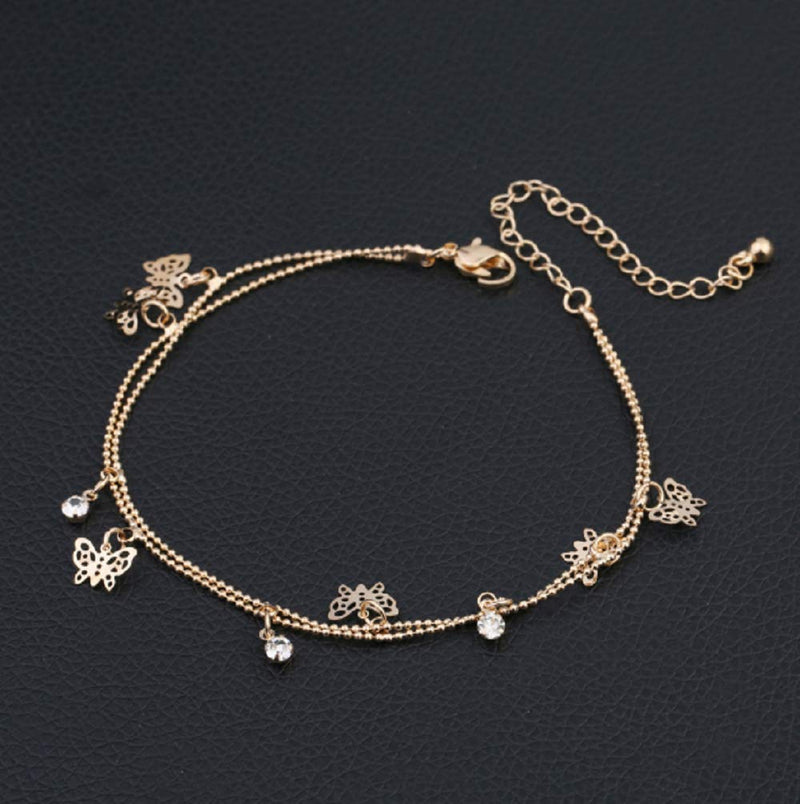 [Australia] - Lzz Ladies Charm Gold Butterfly Double-Layer Ankle Chain Anklet Bohemian Adjustable Beach Anklet Footwear 