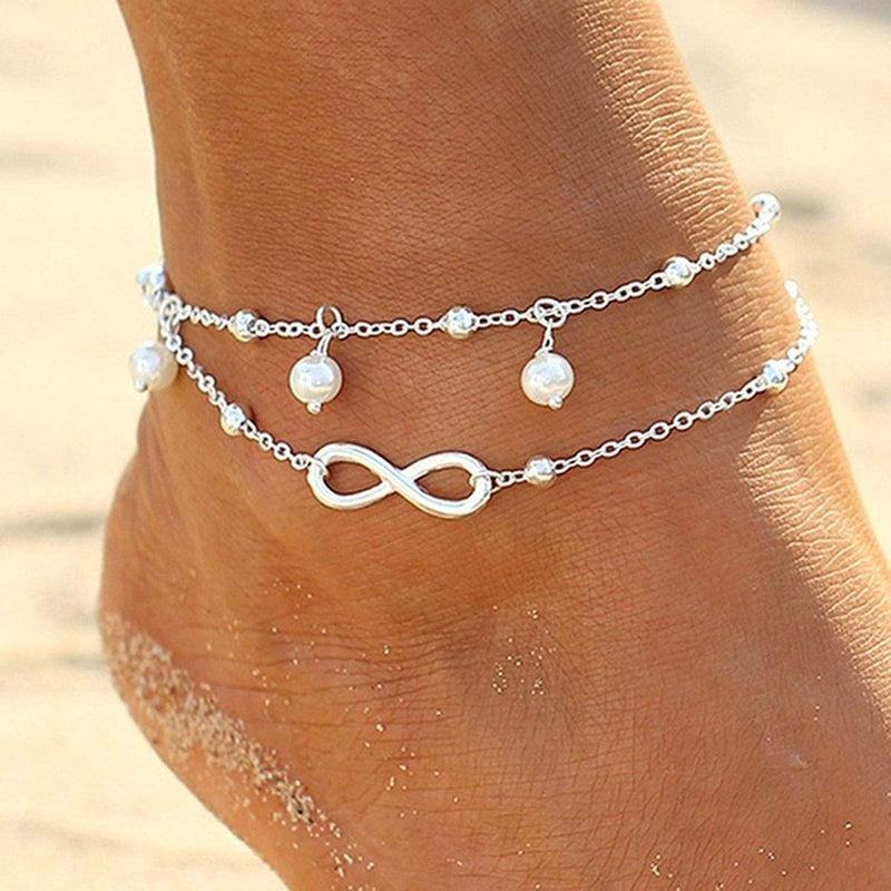 [Australia] - Shegirl Boho Infinite Anklet Bracelets Pearl Layered Anklet Chain Silver Beach Foot Jewelry for Women and Girls (Silver) 