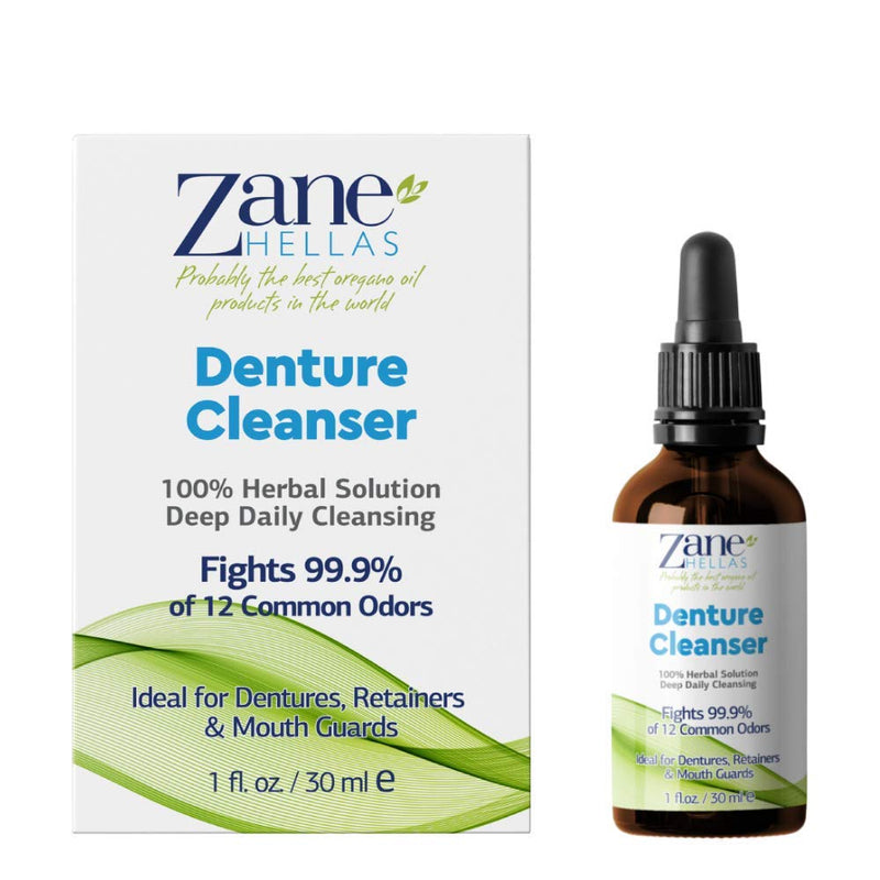[Australia] - Zane Hellas Denture Cleaner. Oregano Oil Power. Ideal for Dentures, Retainers, Braces, Mouth Guards. Helps Remove Plaque, Tartar, Stains and Bad Odor. 100% Herbal Solution. 1 fl.oz.-30ml. 
