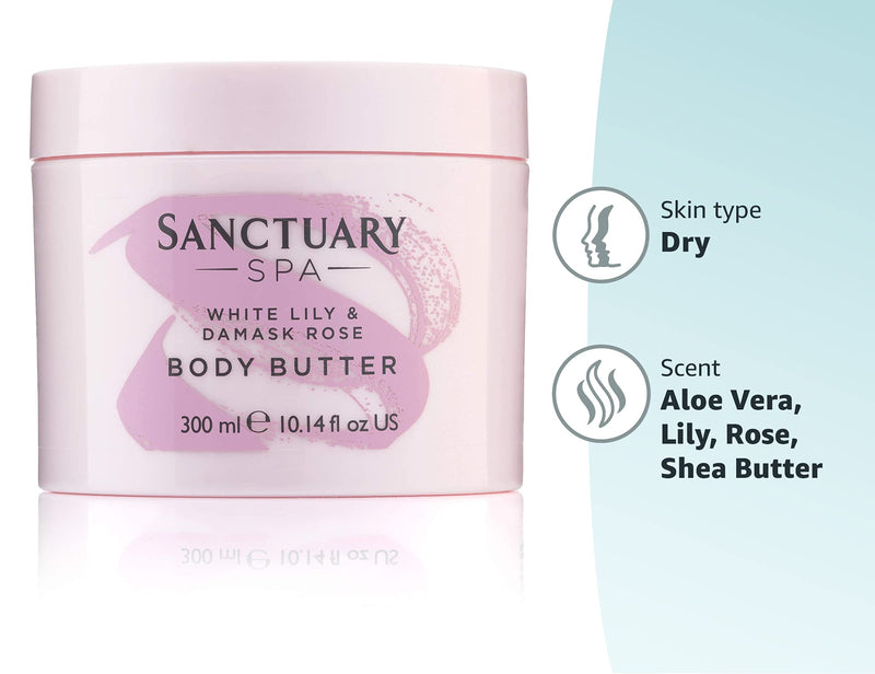[Australia] - Sanctuary Spa Body Butter, White Lily & Damask Rose Body Moisturiser with Shea Butter, Vegan and Cruelty Free 300 ml Old Version 
