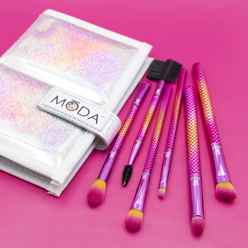 [Australia] - MODA Travel Size Prismatic Beautiful Eyes 7pc Makeup Brush Set with Pouch, Includes - Angle Shader, Crease Smudger, Eye Shader, Smoky Eye, Brow Liner and Lash Comb Brushes 