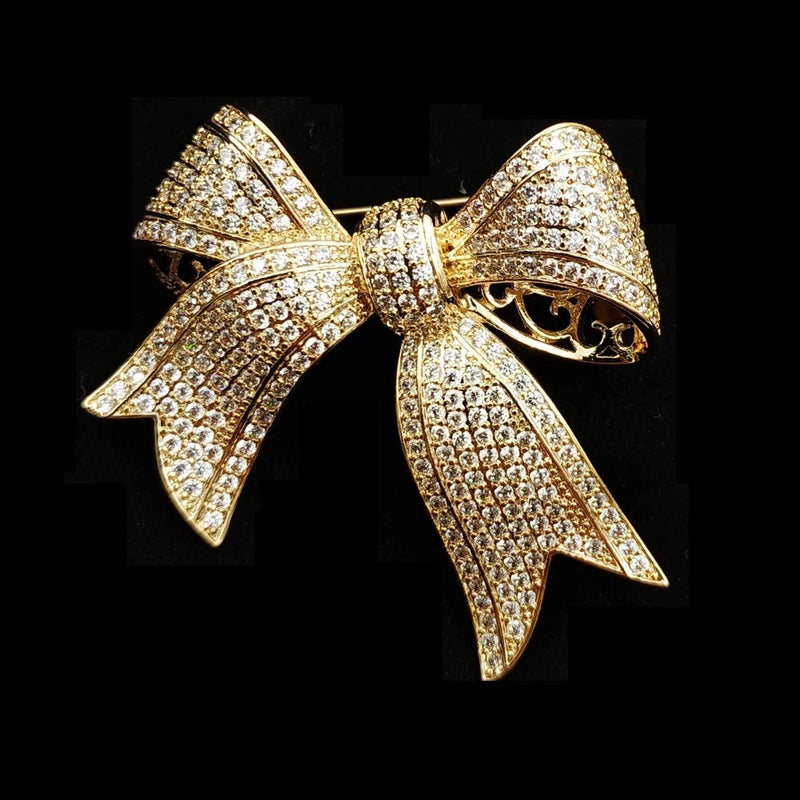[Australia] - DREAMLANDSALES Victorian Vintage Gold Tone Full Micro Pave Ribbon Bow Brooches Pins Women Accessory 