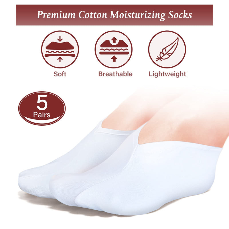 [Australia] - 5 Pairs Moisturizing Socks Overnight Spa Socks for Dry Feet, Moisture Enhancing Socks, Cosmetic Moisturizing Socks for Women and Men, White 