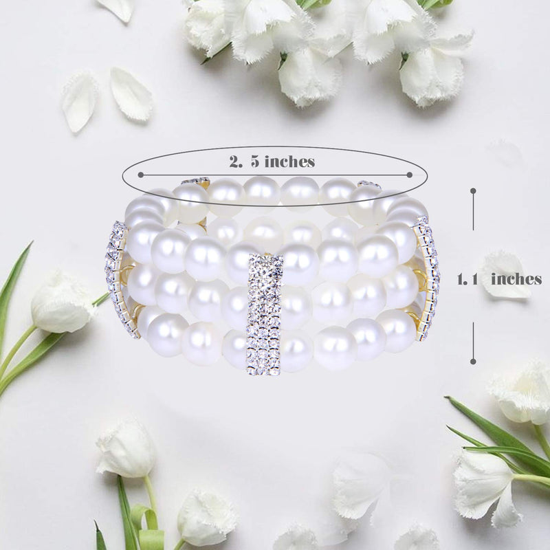 [Australia] - ROFIFY Women Crystal Artificial Pearl Silver Bangle Girls Vintage Elegant Rhinestone Wrap Around Stretch Bracelet FJ19 