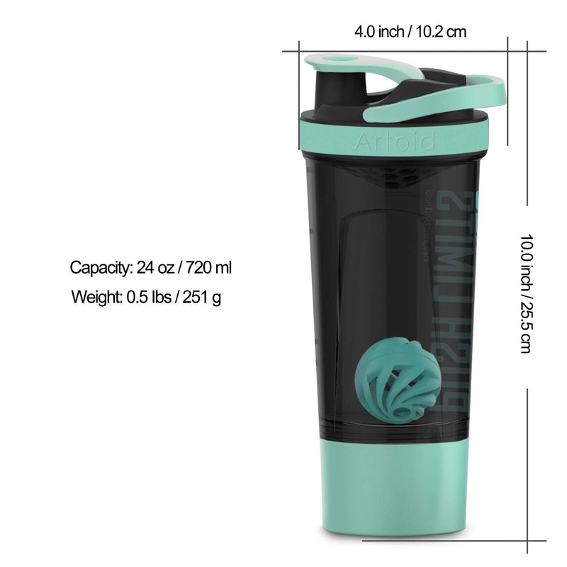 [Australia] - Artoid Mode 720ml Inspirational Sports Fitness Workout Protein Shaker Bottle with Twist and Lock Protein Box Storage, Dual Mixing Technology with Shaker Balls & Mixing Grids - BPA Free Aqua Green/Black 