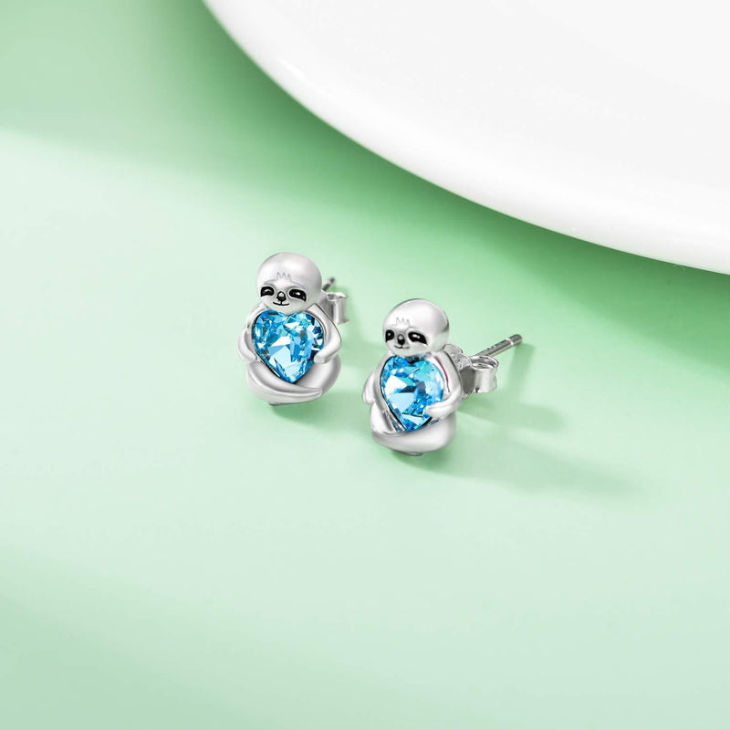 [Australia] - Sterling Silver Sloth Stud Earrings with Heart Crystals, Birthday Sloth Gifts for Women Girls Her Blue 