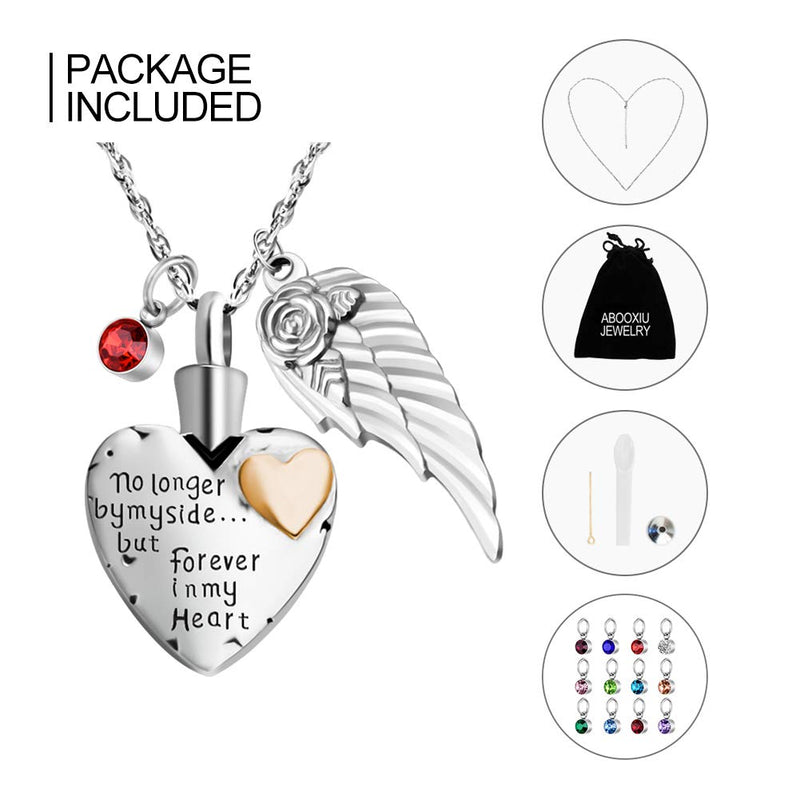 [Australia] - abooxiu Heart Cremation Urn Necklace for Ashes Jewelry Angel Wing Memorial Pendant 12 Birthstones - No Longer by My Side But Forever in My Heart - Customize Available 