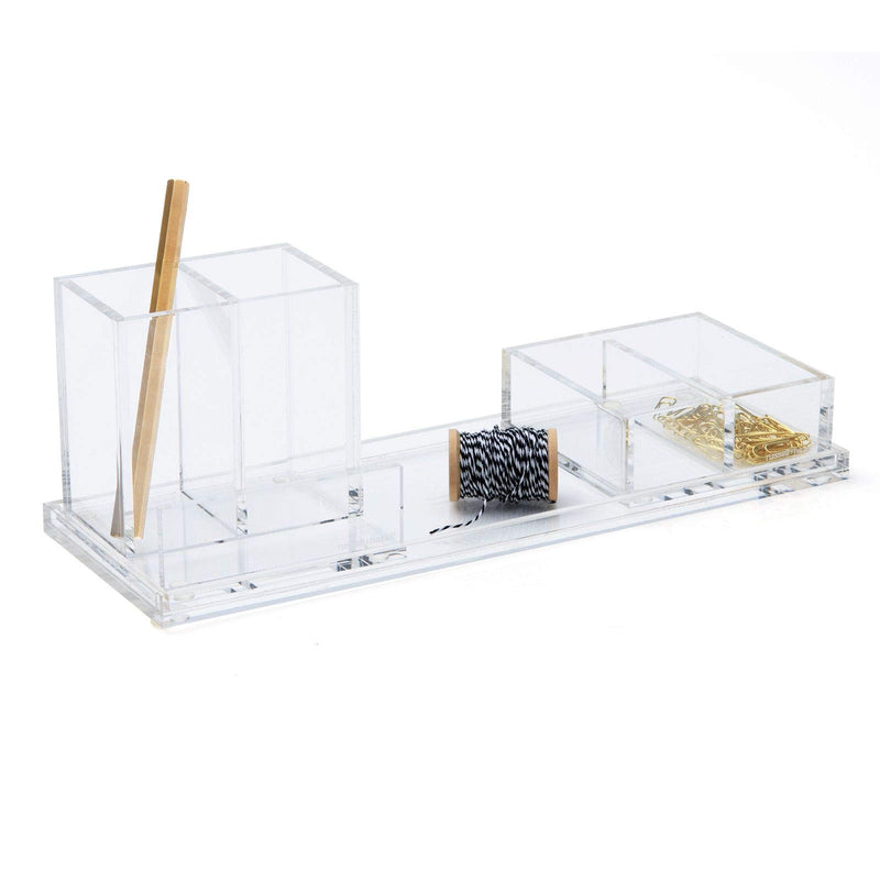 [Australia] - russell+hazel Acrylic Pencil Bloc Two Compartment Pen Cup with Business Card Holder, Clear, 4” x 4” x 4” Dual Pen and Card Holder 
