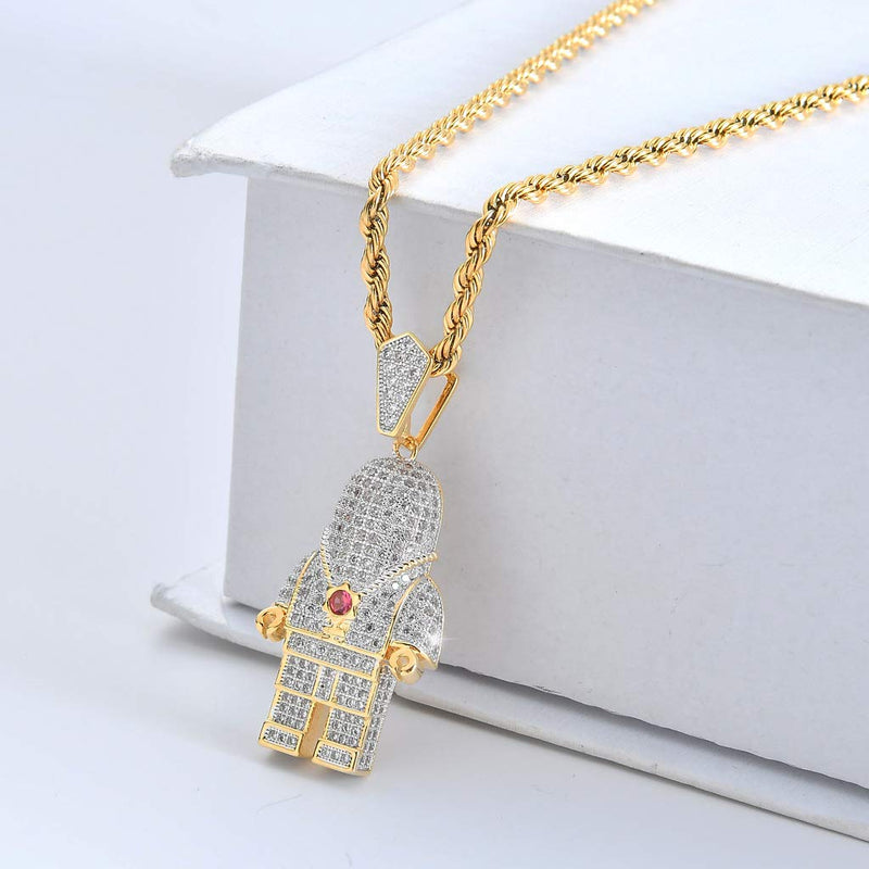 [Australia] - charlinliol 18k Gold Plated Necklace Iced Out Cubic Zirconia Astronaut Pendant Hip Hop Jewelry Spaceman Chain for Men and Women 