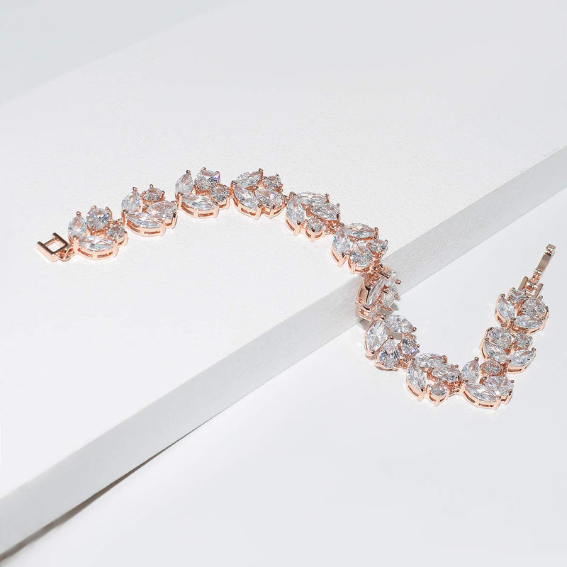 [Australia] - UDORA Cubic Zirconia Leafs Earrings Bracelet Jewelry Set For Bridal Bridesmaid Wedding Prom Rose Gold 