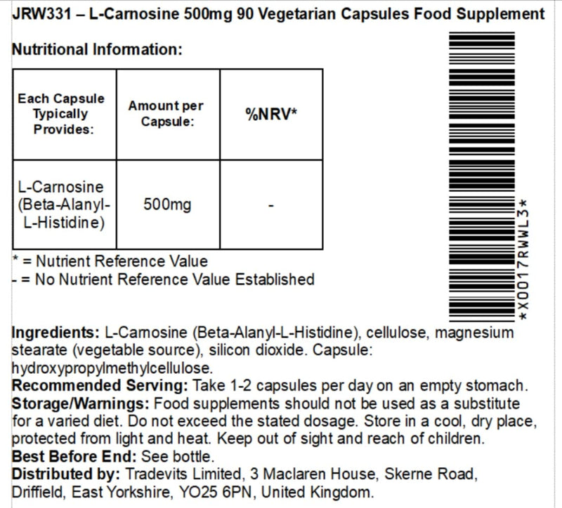 [Australia] - Jarrow Formulas L-Carnosine 1000 mg - 90 Veggie Caps - Supports Mitochondrial Health in Brain & Muscle - Cellular Rejuvenation - 45 Servings 90 Count (Pack of 1) 