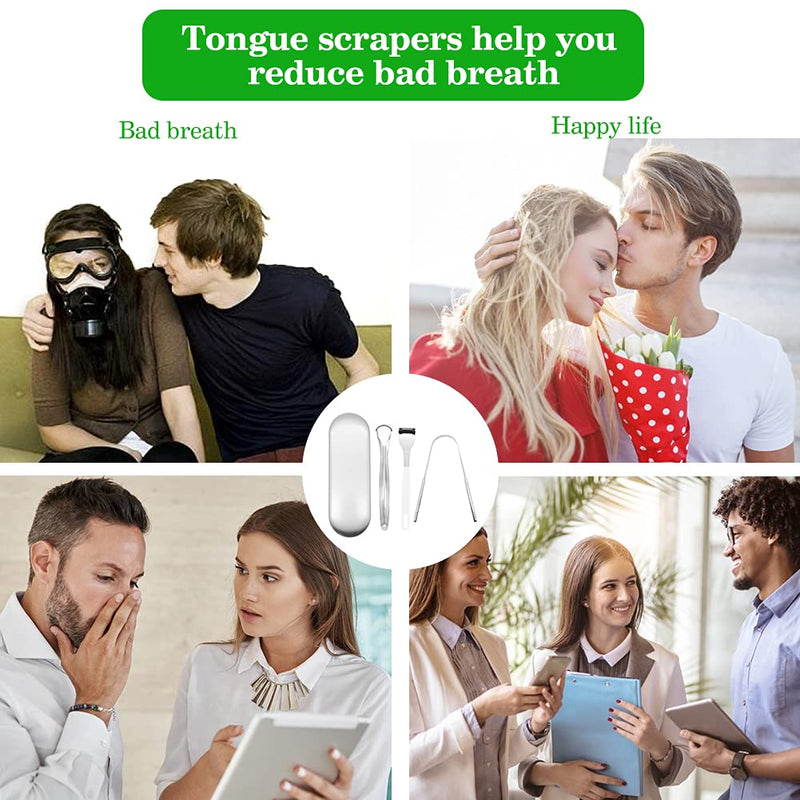 [Australia] - Tongue Scraper Set, Stainless Steel Oral Tongue Cleaners Tongue Scraper Reduce Bad Breath Tool with Travel Small Case (3Pack, Silver) 