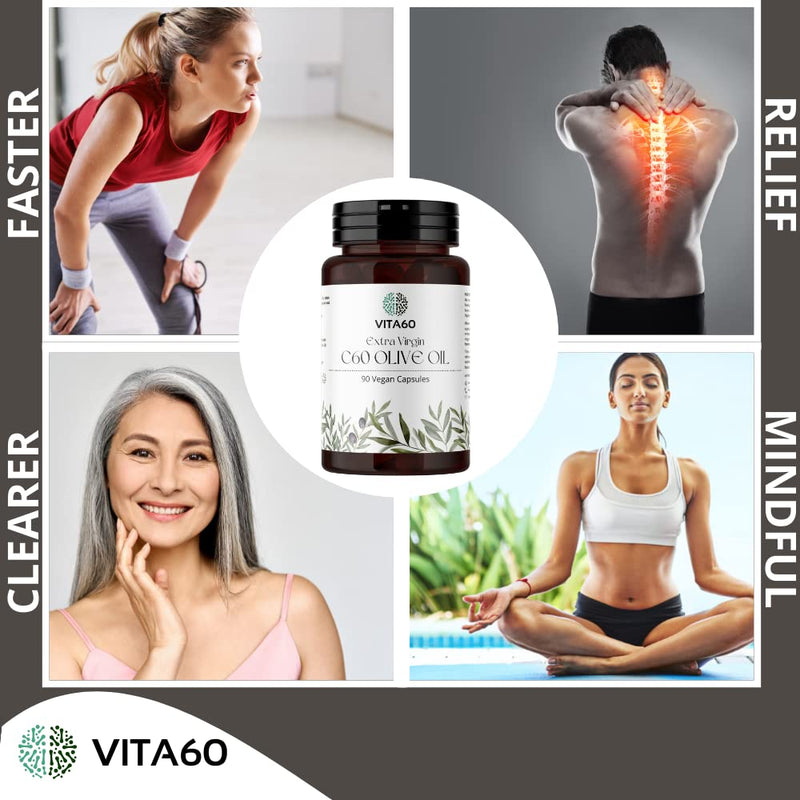 [Australia] - VITA60 C60 Olive Oil Capsules - 90 Vegan Friendly Capsules | Organic Extra Virgin Oil | 99.99% Solvent Free C60 | Antioxidant | Anti inflammatory | Leak Proof Capsule 