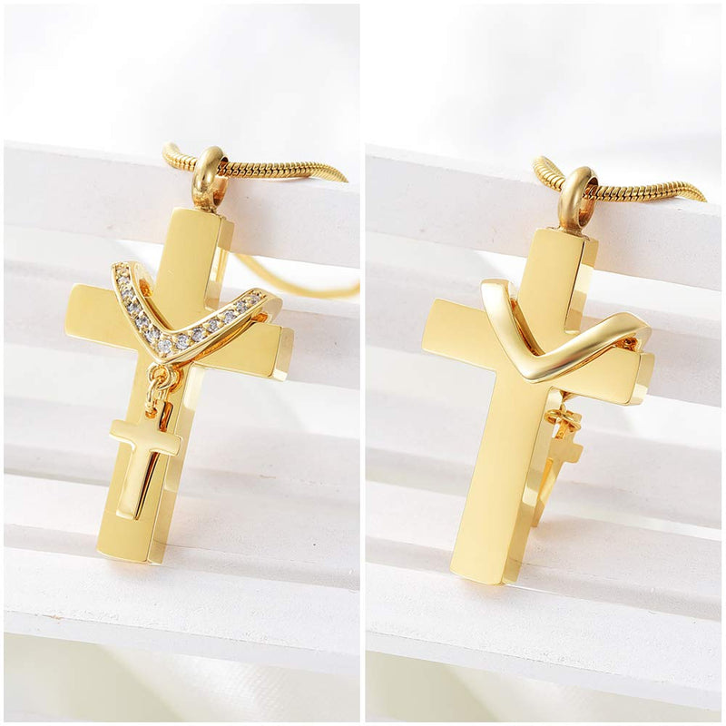 [Australia] - Stainless Steel Cross Memorial Cremation Ashes Urn Pendant Necklace Keepsake Jewelry Urn Gold 