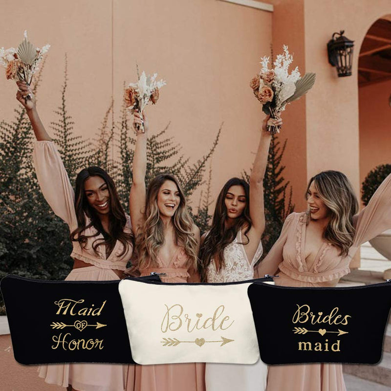 [Australia] - Bridal Shower Makeup Bag Sets - 1 Bride Bag 1 Maid of Honor Bag 1 Matron of Honor Bag and 5 Bridesmaid Bags Wedding Bachelorette Party Proposal Gifts Cosmetic Pouches for Women 8 PCS Black 