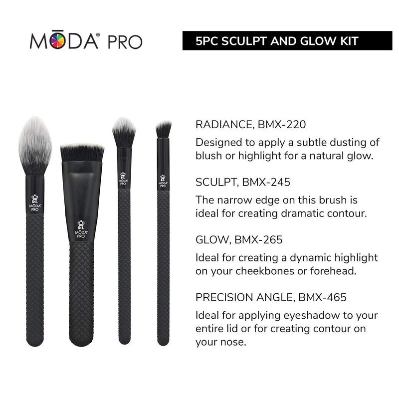 [Australia] - MODA Pro Sculpt & Glow 5pc Makeup Brush Set with Pouch, Includes, Radiance, Sculpt, Glow and Precision Angle Brushes, Black 