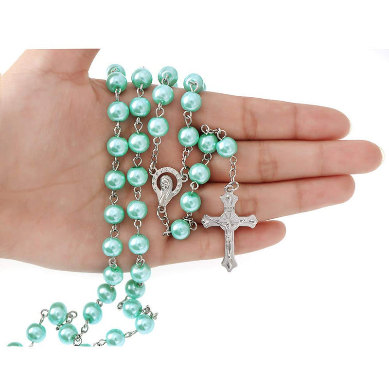 [Australia] - YWLI Rosary Beads Catholic, Confirmation Gifts for Teenage Girl, Cross Necklace for Women, Artificial Pearls Necklace Jewelry, Silver Alloy Necklace, Gifts for Women… Lake blue 