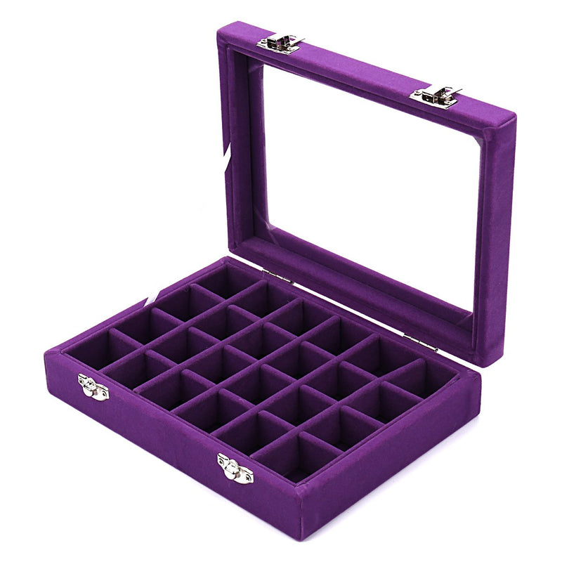 [Australia] - Ivosmart 24 Section Velvet Glass Jewelry Ring Display Organiser Box Tray Holder Earrings Storage Case (Purple) Purple 