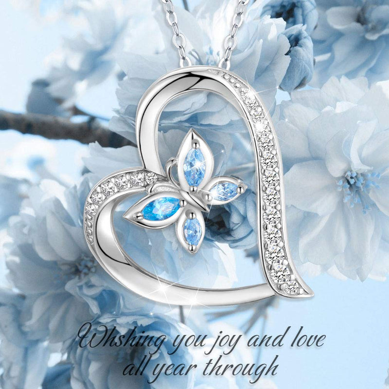 [Australia] - EUDORA Sterling Silver Butterfly Necklace for Women, Heart Shape Pendant with Blue Cubic Zirconia Butterfly for teen girls, 18" chain 