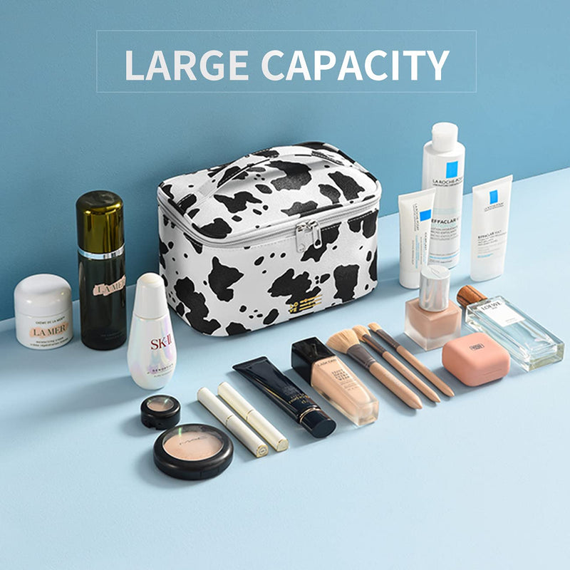 [Australia] - Makeup Bag Portable Travel Cosmetic Bag for Women, Beauty Zipper Makeup Organizer Bag with Inner Pouch PU Leather Washable Waterproof (Cow Print) 001-cow Print 