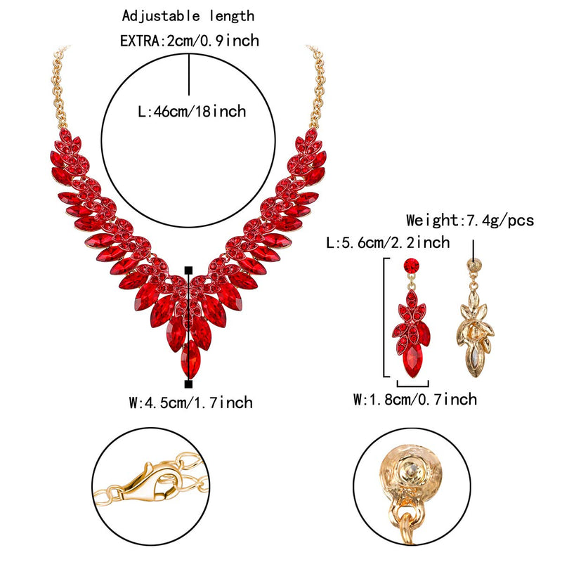 [Australia] - Flyonce Women's Marquise-Shape Crystal Floral Leaf Cluster Necklace Earrings Set for Wedding Bridal Red Gold-Tone 