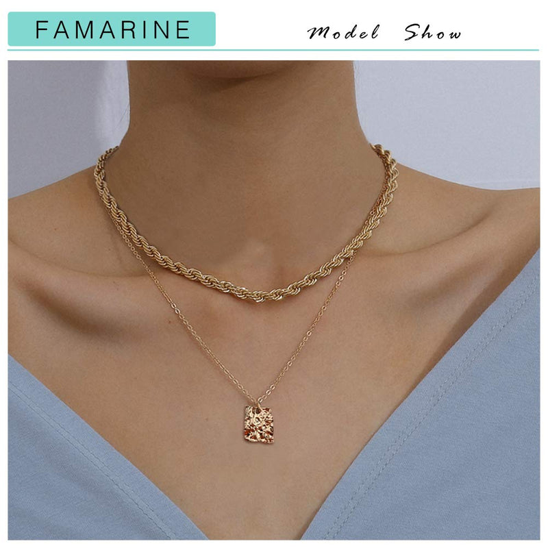 [Australia] - FAMARINE Gold Choker Layered Necklace for Women 4MM, Fashion Geometric Pandent 2 Layered Necklaces for Teen Girls Gift, 18K Gold Plated rope chain 